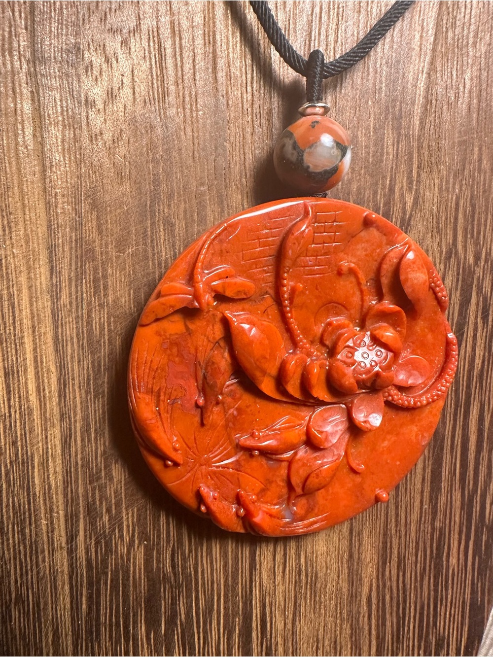 Large Round Red Agate Lotus and Dragonfly Pendant Necklace on Black Rope - Picture 12 of 13
